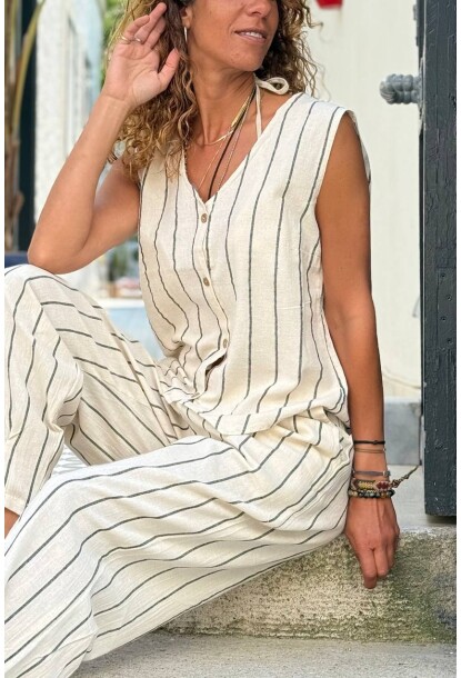 Bej V Yaka Kolsuz Çizgili Düğmeli Yıkamalı Dokuma Yelek 60 48