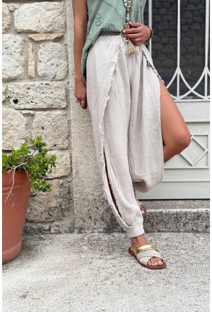 Bej Yırtmaçlı Pis Dikişli Lastikli Bel Lastikli Paça Müslin Dokuma Pantolon 95 30