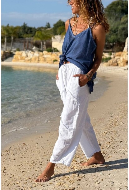 Beyaz Cepli Yıkamalı File Detaylı Pis Dikişli Şalvar Keten Karışımlı Salaş Dokuma Pantolon 85 30