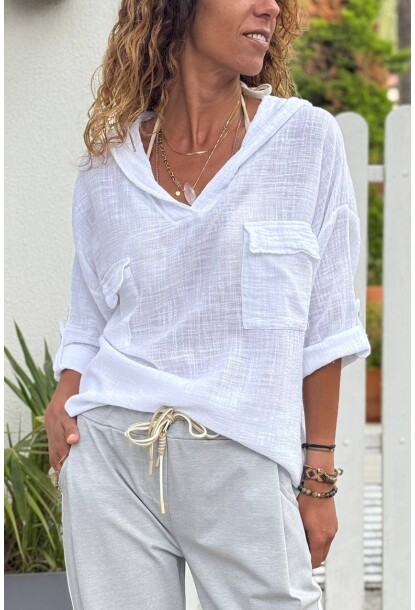 Beyaz Kapüşonlu Cepli Pamuklu Salaş Dokuma Bluz 70 55