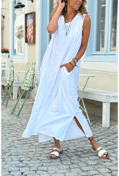 Beyaz Kapüşonlu Kolsuz Cepli Yırtmaçlı Pamuklu Salaş Dokuma Elbise 120 60