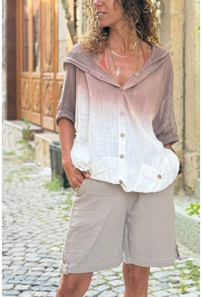 Bronz Kapüşonlu Degrade Cepli File Detaylı Keten Karışımlı Salaş Dokuma Gömlek 75 50