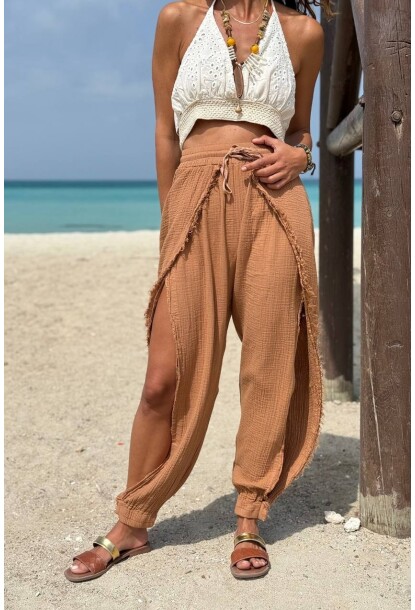 Bronz Yırtmaçlı Pis Dikişli Lastikli Bel Lastikli Paça Müslin Dokuma Pantolon 95 30