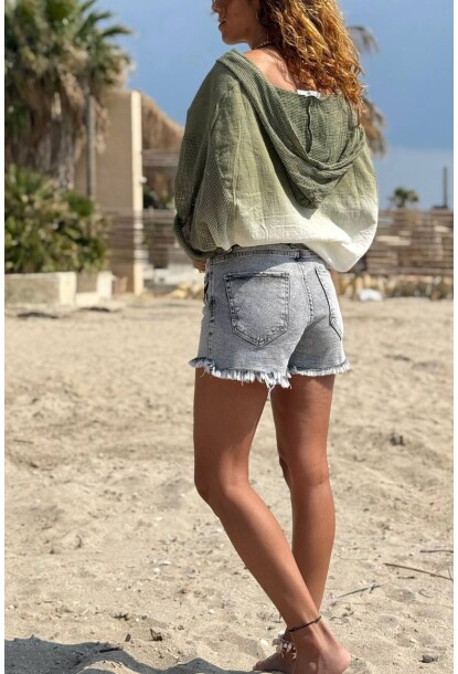 Gri Cepli Yıkamalı Pis Dikişli Eskitme Detaylı Dokuma Kot Şort 35 38