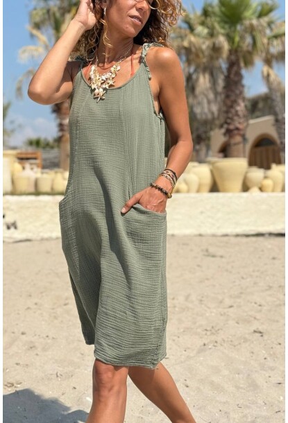Haki Askılı Cepli Pamuklu Salaş Dokuma Elbise 95 50