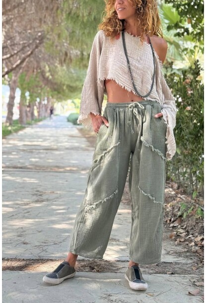 Haki Cepli Yıkamalı File Detaylı Pis Dikişli Şalvar Keten Karışımlı Salaş Dokuma Pantolon 85 30