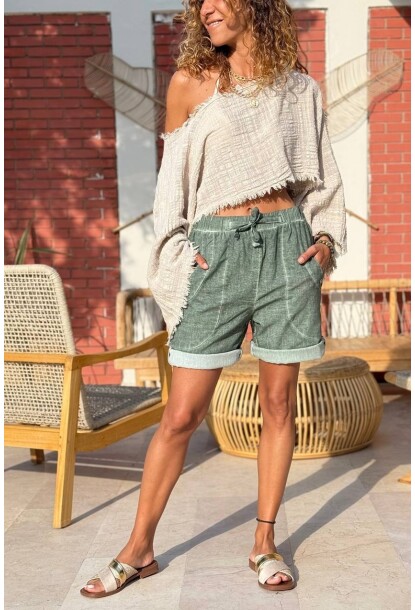 Haki Cepli Yıkamalı Lastikli Bel Salaş Dokuma Şort 50 30