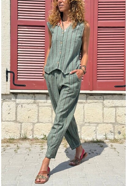 Haki Çizgili Yıkamalı Lastikli Ve Bağlamalı Bel Boru Paça Salaş Dokuma Pantolon 0 0