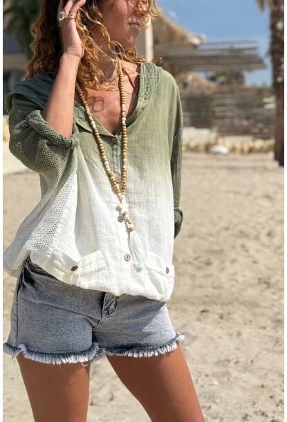 Haki Kapüşonlu Degrade Cepli File Detaylı Keten Karışımlı Salaş Dokuma Gömlek 75 50