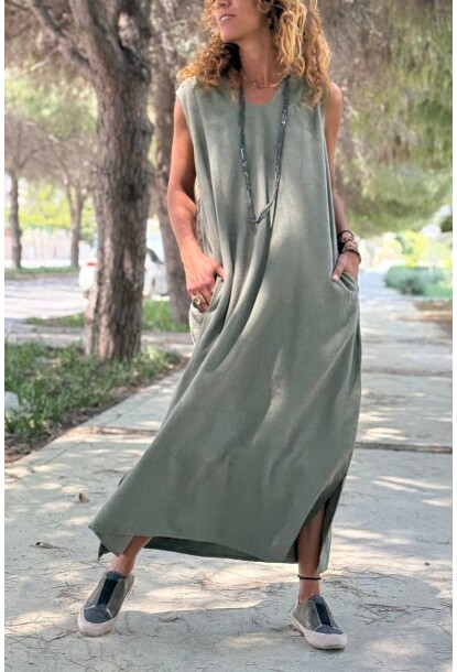 Haki Kapüşonlu Kolsuz Cepli Yırtmaçlı Pamuklu Salaş Dokuma Elbise 120 60