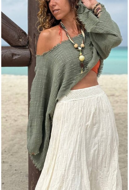 Haki Kayık Yaka Yıkamalı Ve Pis Dikişli Bürümcük Crop Dokuma Bluz 30 50