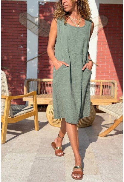 Haki Kolsuz Cepli Pamuklu A-Form Fit Dokuma Elbise 100 50