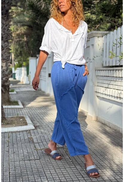 İndigo Cepli Yıkamalı File Detaylı Pis Dikişli Şalvar Keten Karışımlı Salaş Dokuma Pantolon 85 30
