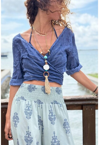 İndigo Kruvaze Yaka Bağlamalı Yumuşak Dokulu Vual Crop Dokuma Bluz 40 40