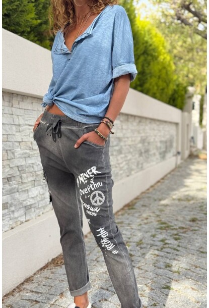 İtalyan Antrasit Cepli Yıkamalı Baskılı Lastikli Bel Dar Paça Likra Dokuma Pantolon 96 60