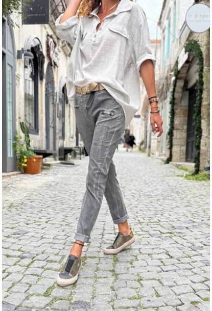 İtalyan Antrasit Cepli Yıkamalı Kemerli Dar Paça Likra Dokuma Pantolon 98 60