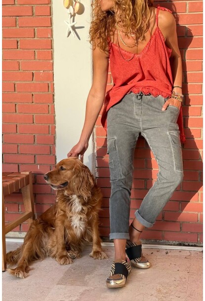 İtalyan Antrasit Cepli Yıkamalı Lastikli Ve Bağlamalı Bel Dar Paça Likra Dokuma Pantolon 95 60