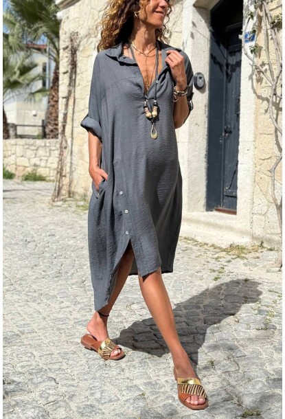 İtalyan Antrasit Düğmeli Yaka 3/4 Kol Yırtmaçlı Apoletli Yumuşak Dokulu Salaş Dokuma Elbise 125 68