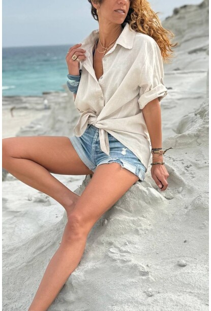 İtalyan Bej 3/4 Kol Apoletli Keten Salaş Dokuma Gömlek 72 58