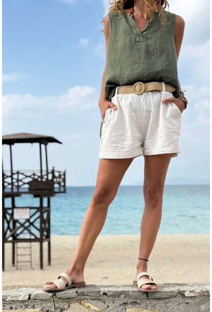 İtalyan Bej Cepli Kemerli Keten Duble Paça Dokuma Şort 38 58