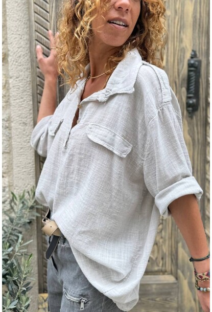 İtalyan Bej Düğmeli Yaka Çift Kapaklı Cepli Apoletli Safari Keten Salaş Dokuma Bluz 70 63