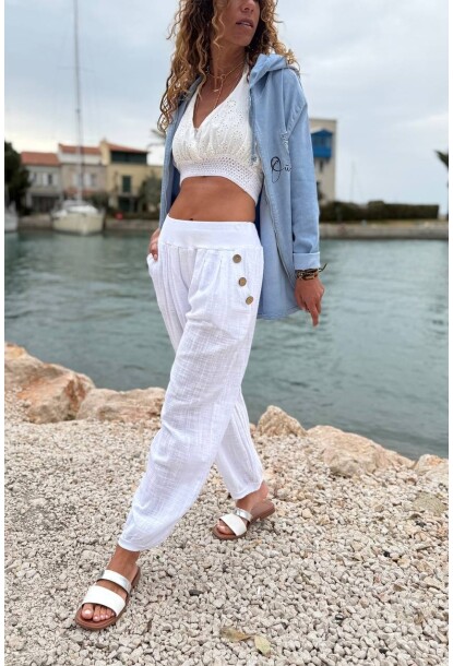 İtalyan Beyaz Cepli Süs Düğmeli Lastikli Bel Keten Salaş Dokuma Pantolon 95 68