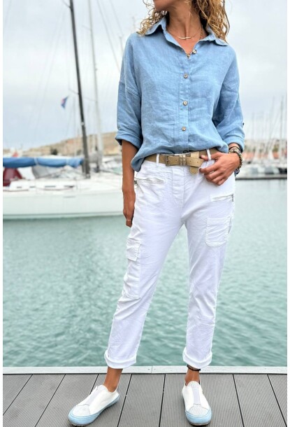 İtalyan Beyaz Cepli Yıkamalı Kemerli Dar Paça Likra Dokuma Pantolon 98 60