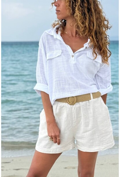 İtalyan Beyaz Düğmeli Yaka Çift Kapaklı Cepli Apoletli Safari Keten Salaş Dokuma Bluz 70 63