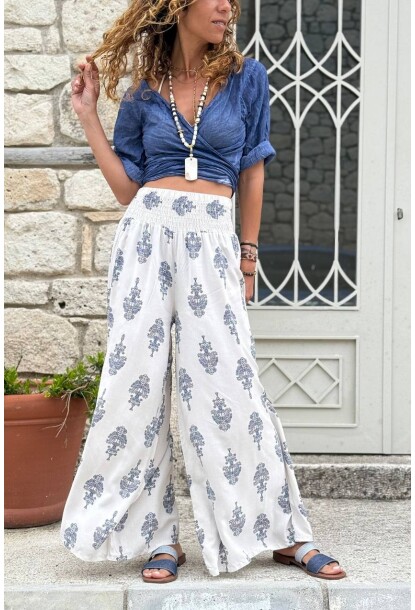 İtalyan Ekru Etnik Desen Yumuşak Dokulu Lastikli Bel Bol Paça Salaş Dokuma Pantolon 100 64