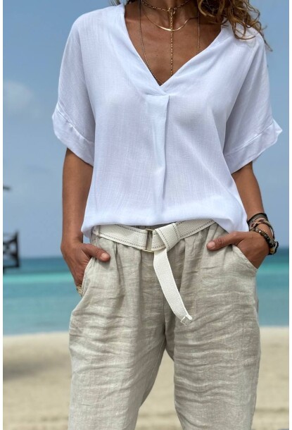 İtalyan Ekru V Yaka Kısa Kol Pileli Yumuşak Dokulu Salaş Dokuma Bluz 70 60