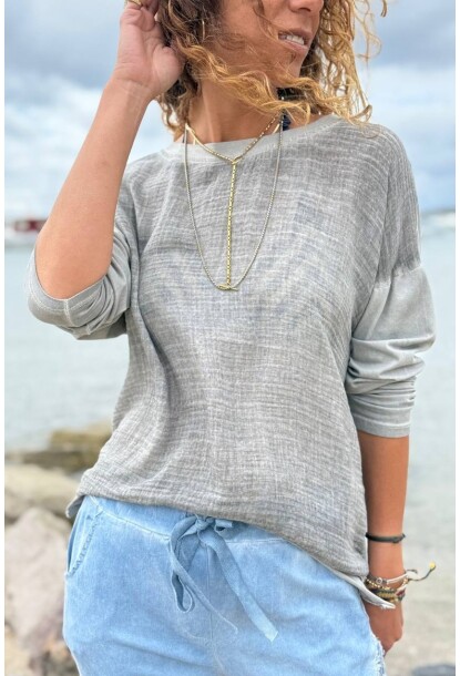 İtalyan Gri Uzun Kol Yıkamalı Yumuşak Dokulu Pamuklu Salaş Dokuma Bluz 65 60