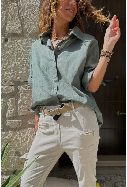 İtalyan Haki 3/4 Kol Apoletli Keten Salaş Dokuma Gömlek 72 58