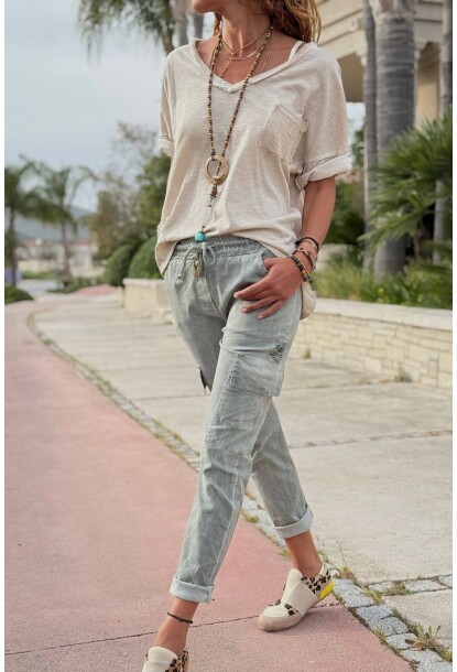 İtalyan Haki Cepli Yıkamalı Lastikli Ve Bağlamalı Bel Dar Paça Likra Dokuma Pantolon 95 60