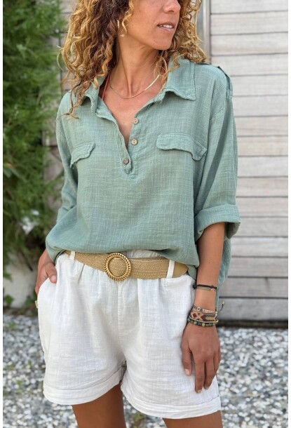 İtalyan Haki Düğmeli Yaka Çift Kapaklı Cepli Apoletli Safari Keten Salaş Dokuma Bluz 70 63