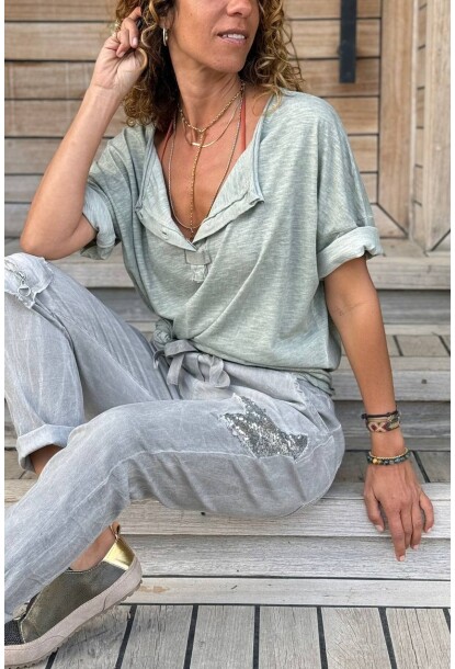 İtalyan Haki Düğmeli Yaka Kısa Kol Yıkamalı Salaş Örme Bluz 65 62