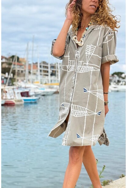 İtalyan Haki Hakim Yaka 3/4 Kol Desenli Yırtmaçlı Apoletli Salaş Dokuma Gömlek Elbise 100 64