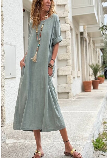 İtalyan Haki Kayık Yaka Kısa Kol Cepli Keten Uzun Salaş Dokuma Elbise 118 63