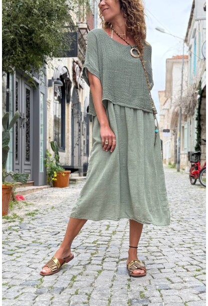 İtalyan Haki Kayık Yaka Kısa Kol Çift Katlı File Detaylı Keten Salaş Dokuma Elbise 115 60