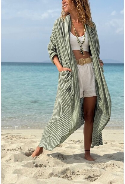 İtalyan Haki Şal Yaka 3/4 Kol Cepli Etek Ucu Fırfırlı Keten Salaş Dokuma Kimono Ceket 125 70