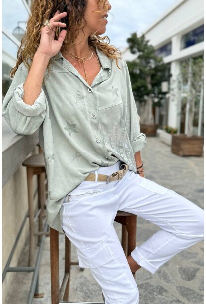 İtalyan Haki Uzun Kol Baskılı Yumuşak Dokulu Salaş Dokuma Gömlek 77 64