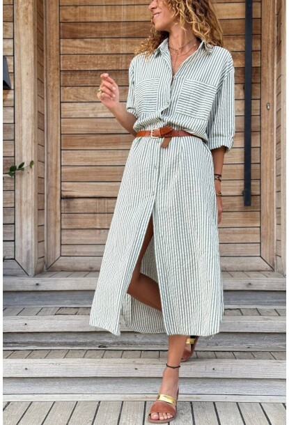 İtalyan Haki Uzun Kol Çizgili Yırtmaçlı Uzun Salaş Dokuma Gömlek Elbise 125 62