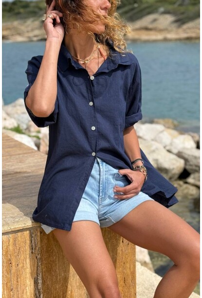 İtalyan Lacivert 3/4 Kol Apoletli Keten Salaş Dokuma Gömlek 72 58