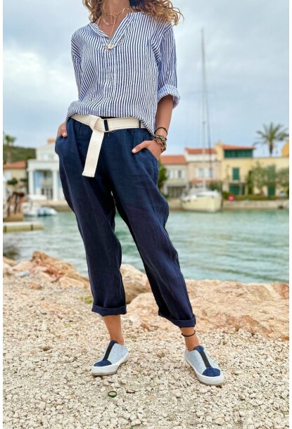 İtalyan Lacivert Cepli Kemerli Lastikli Bel Boru Paça Keten Dokuma Pantolon 94 60