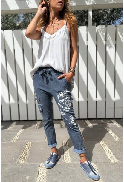 İtalyan Lacivert Cepli Yıkamalı Baskılı Lastikli Bel Dar Paça Likra Dokuma Pantolon 96 60