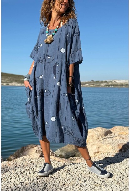 İtalyan Lacivert Kayık Yaka Balık Desenli Cepli Keten Salaş Dokuma Elbise 115 70