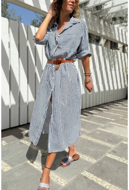 İtalyan Lacivert Uzun Kol Çizgili Yırtmaçlı Uzun Salaş Dokuma Gömlek Elbise 125 62