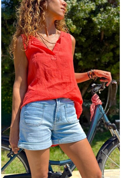 İtalyan Mercan Devrik Yaka Kolsuz Keten Salaş Dokuma Bluz 70 56