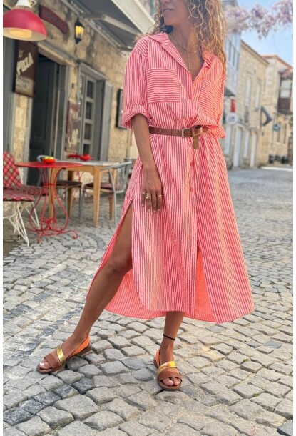 İtalyan Mercan Uzun Kol Çizgili Yırtmaçlı Uzun Salaş Dokuma Gömlek Elbise 125 62
