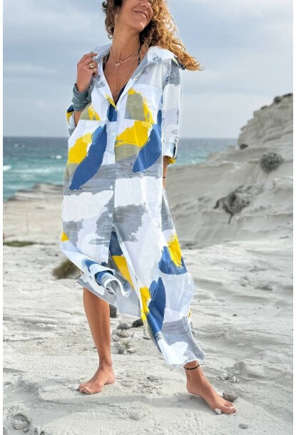 İtalyan Sarı-Mavi-Beyaz Kapüşonlu Uzun Kol Yırtmaçlı Düğmeli Salaş Dokuma Gömlek Elbise 130 66