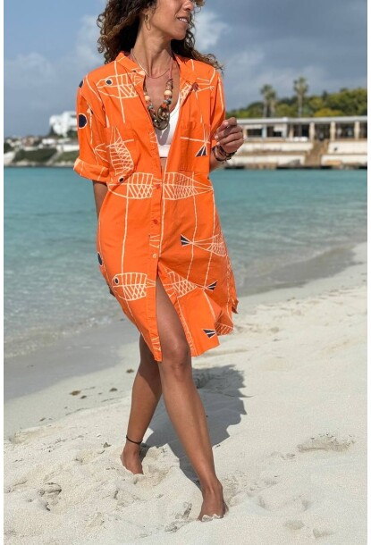 İtalyan Turuncu Hakim Yaka 3/4 Kol Desenli Yırtmaçlı Apoletli Salaş Dokuma Gömlek Elbise 100 64